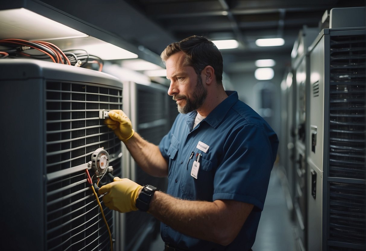 HVAC technician inspecting, cleaning, and servicing HVAC system components. Checking filters, ductwork, and electrical connections. Performing routine maintenance tasks