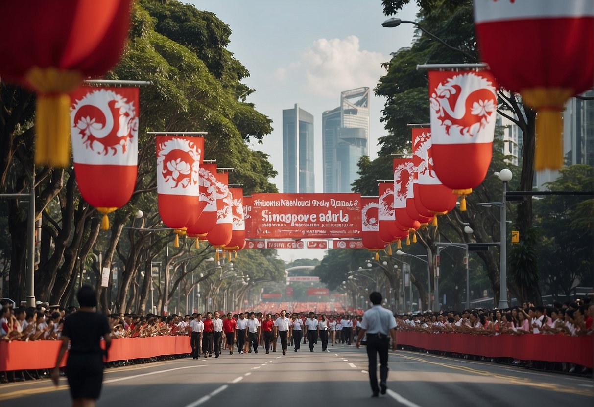 Brightly colored banners and signs promoting Singapore's National Day Parade promotions, with iconic landmarks in the background