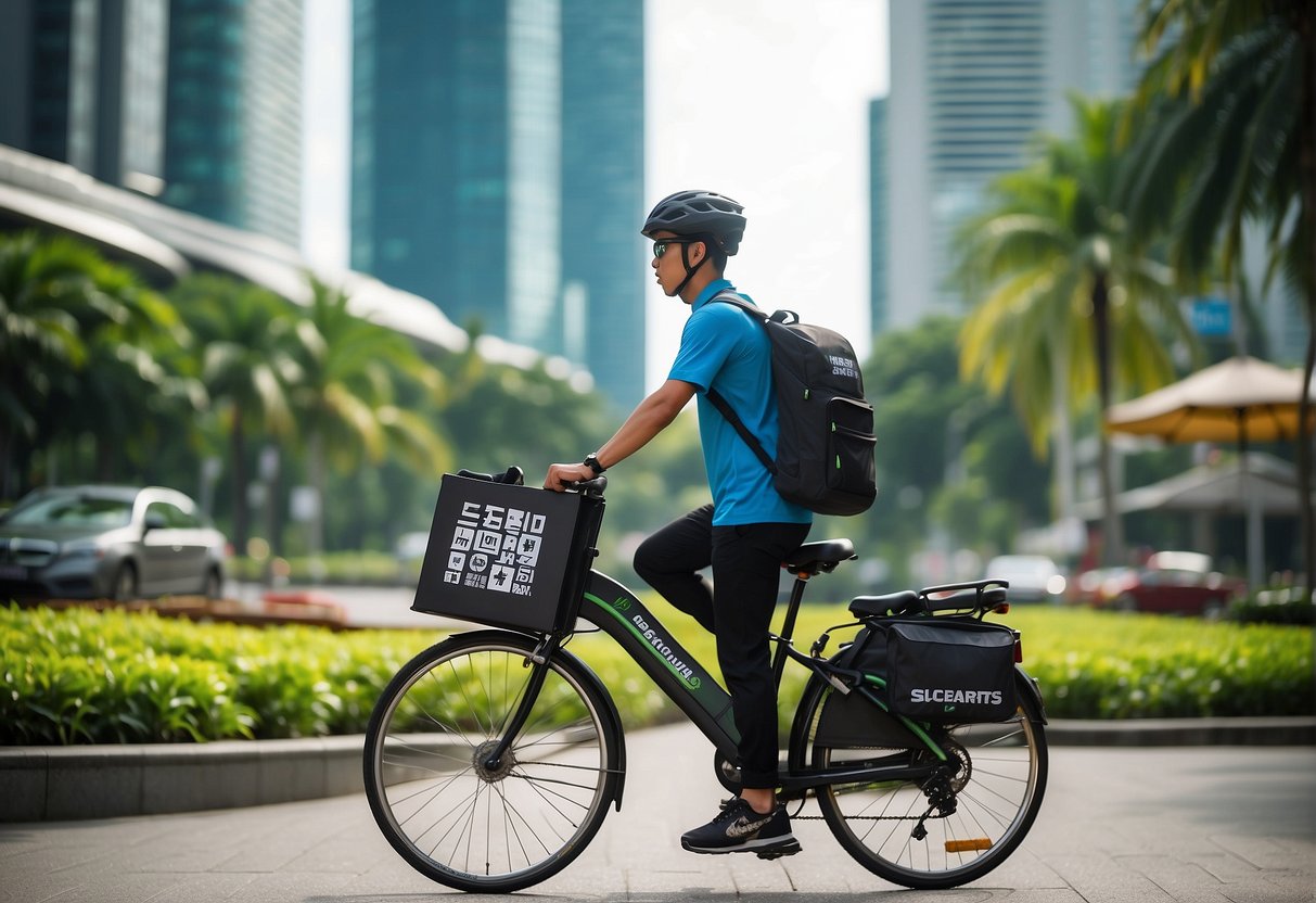 A vibrant cityscape with iconic Singapore landmarks and a delivery person on a bicycle holding an Ubereats bag, surrounded by promotional signs and logos