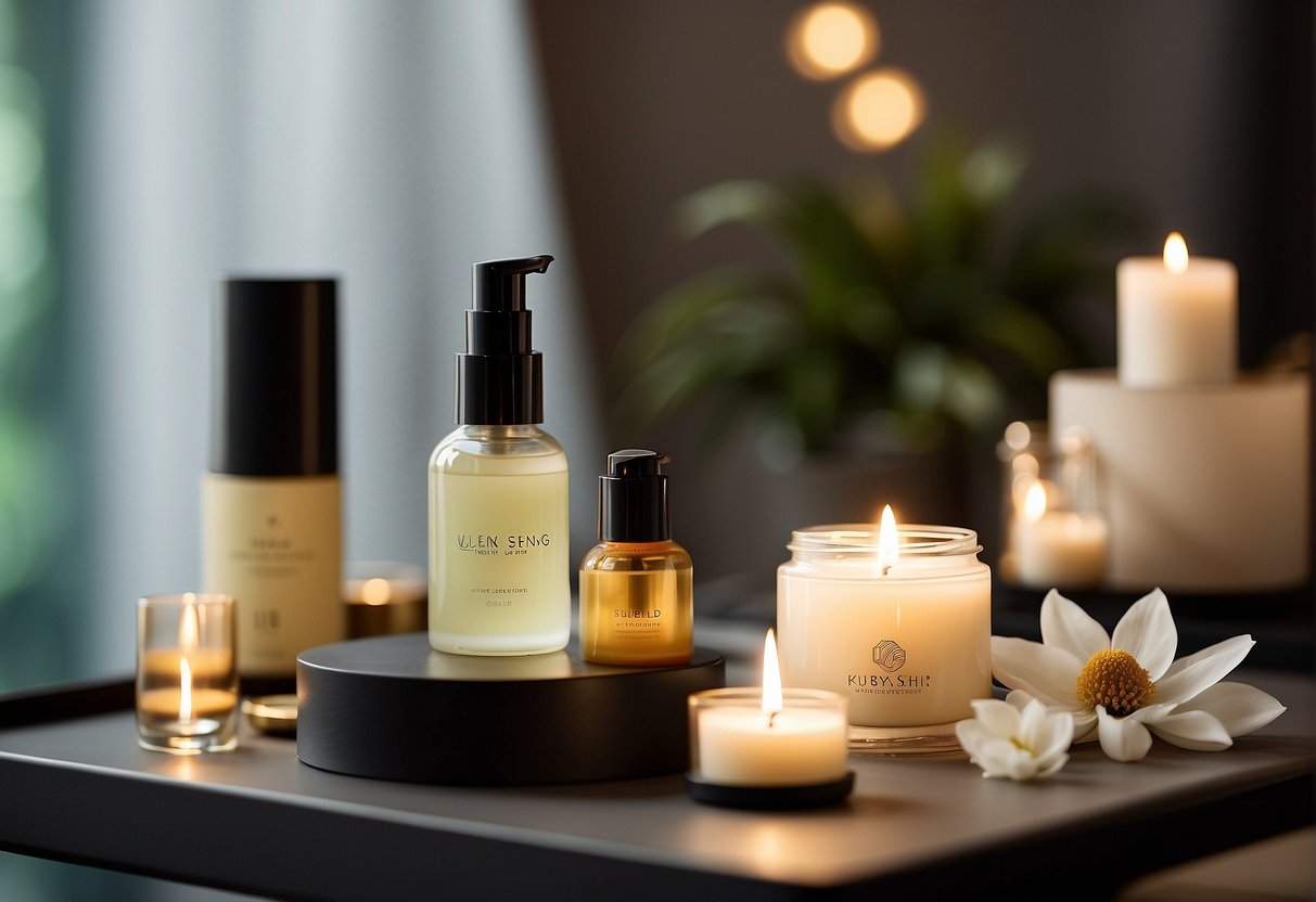 A serene spa setting with elegant branding, soft lighting, and luxurious product displays for hair and skin care waxing promotions in Singapore