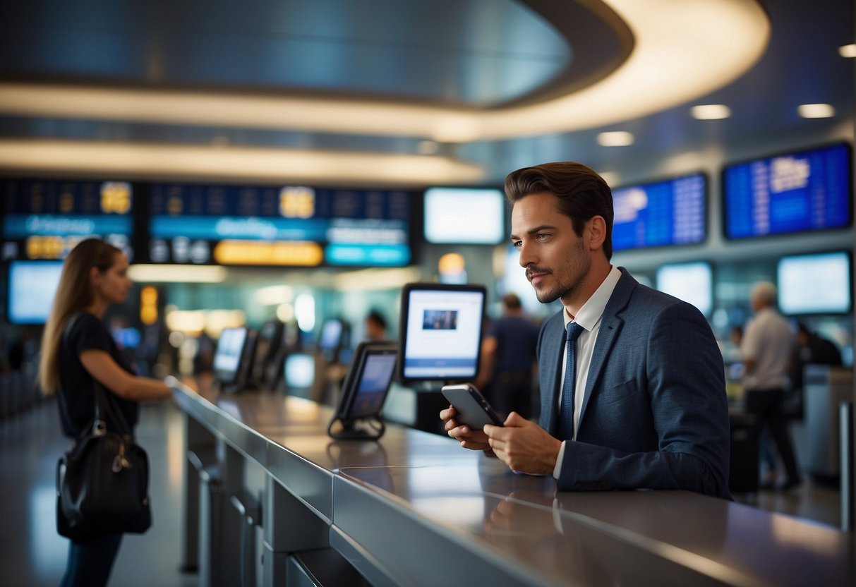 A confident traveler calmly navigates through a bustling airport, checking flight status on a digital screen and consulting a helpful staff member at a travel agency counter