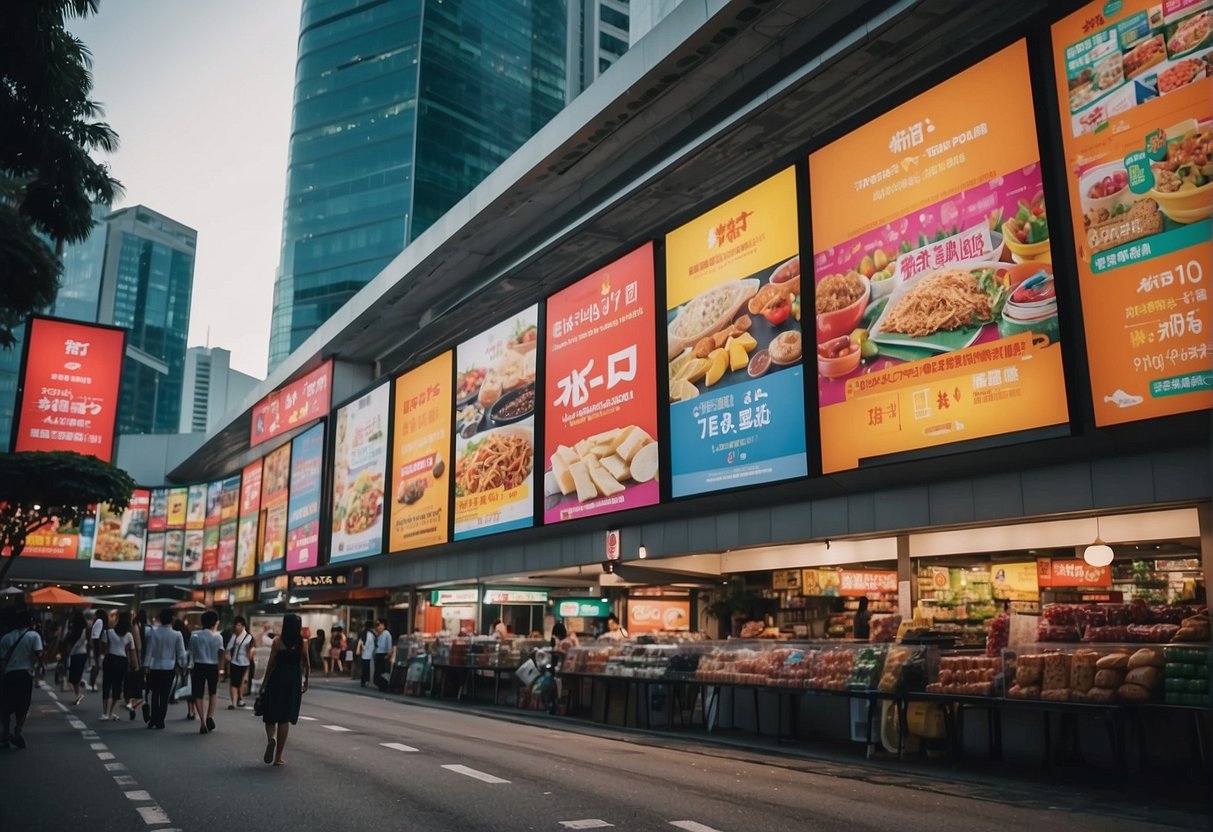 A bustling Singapore street filled with colorful promotional banners and signs for various monthly promotions