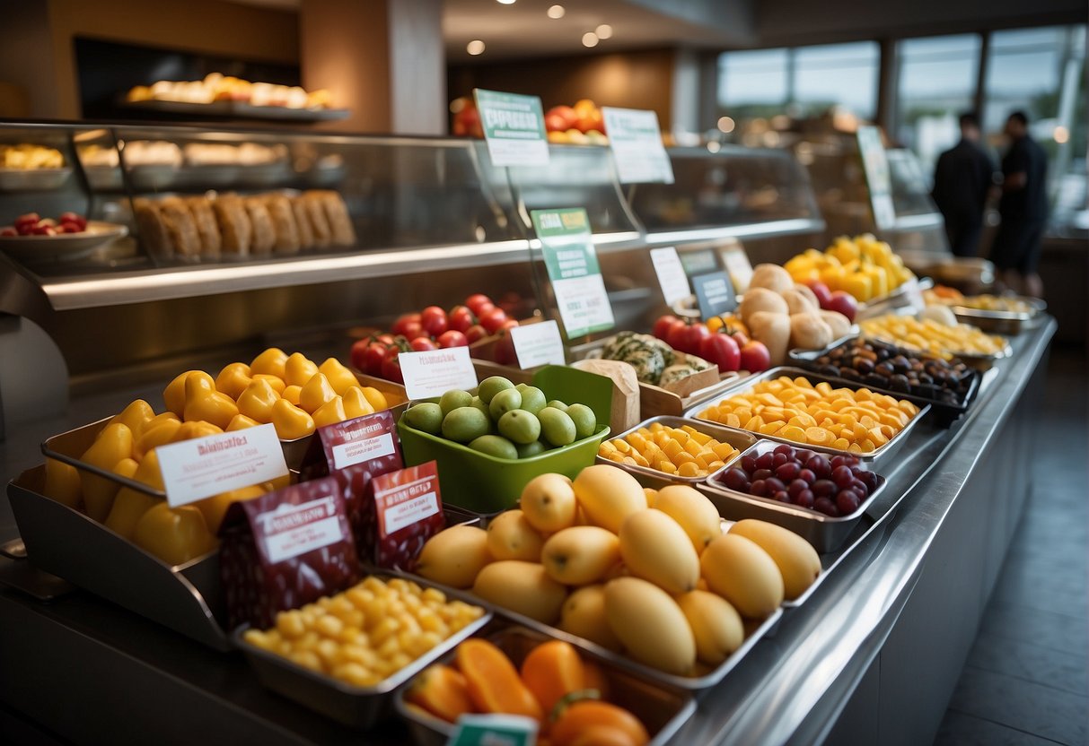 A colorful array of food items and delivery bags displayed with promotional banners and discounts