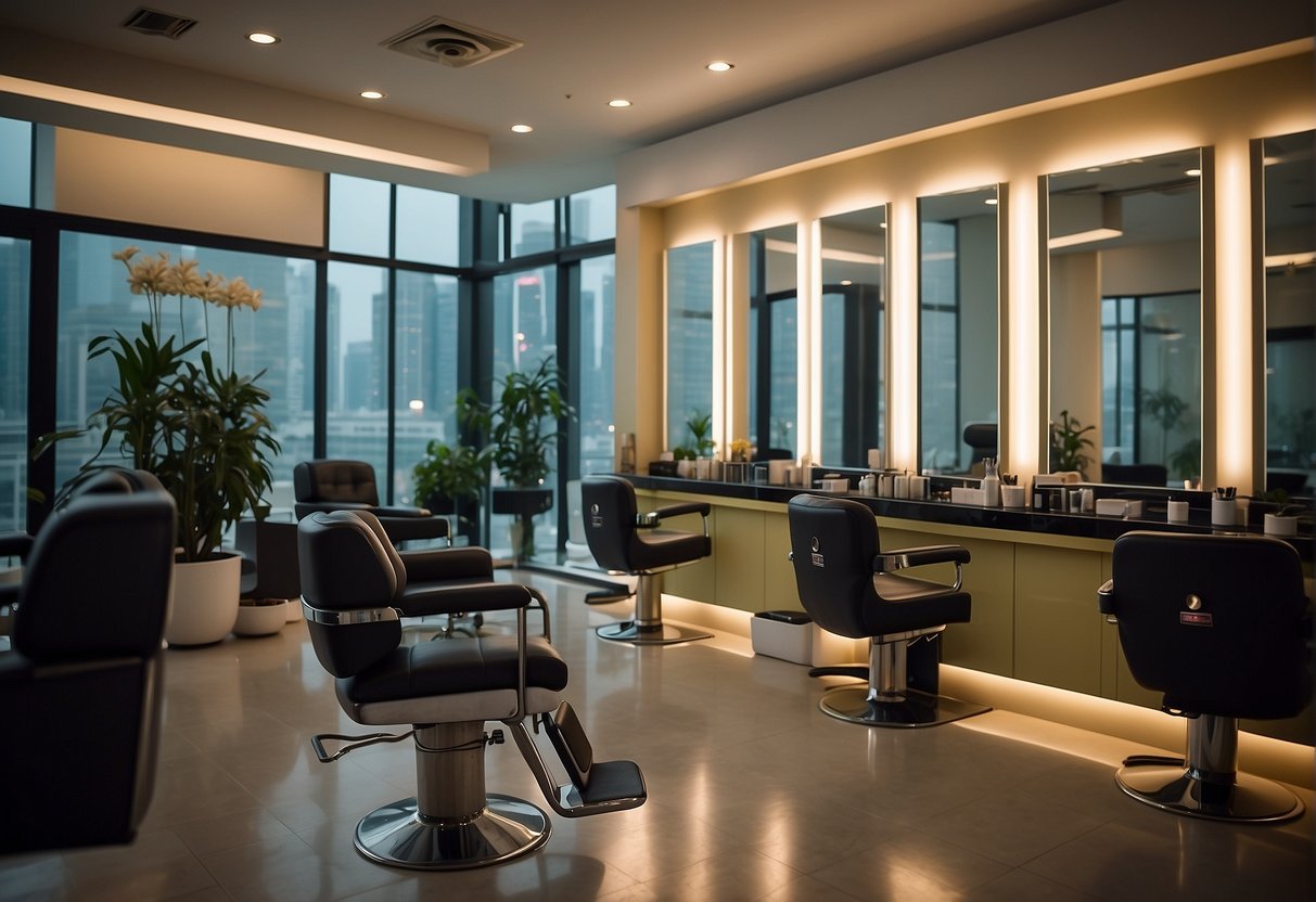 A brightly lit salon with a sleek, modern interior. A sign prominently displays "Frequently Asked Questions" about waxing promotions in Singapore