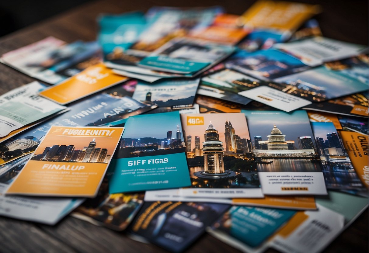 A stack of promotional flyers with "Frequently Asked Questions" branding, set against a backdrop of iconic Singapore landmarks