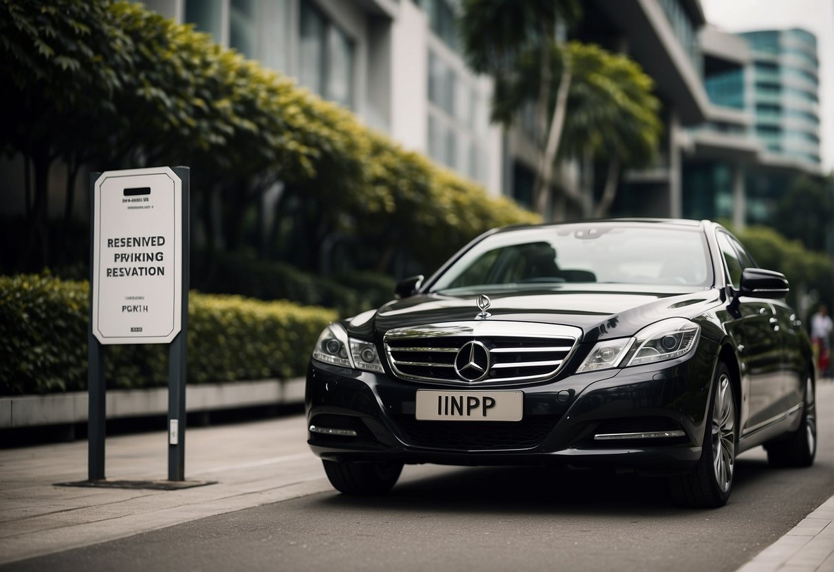 A luxurious car parked in a designated spot with a reserved sign, indicating exclusive parking and reservation privileges for an NDP promo in Singapore