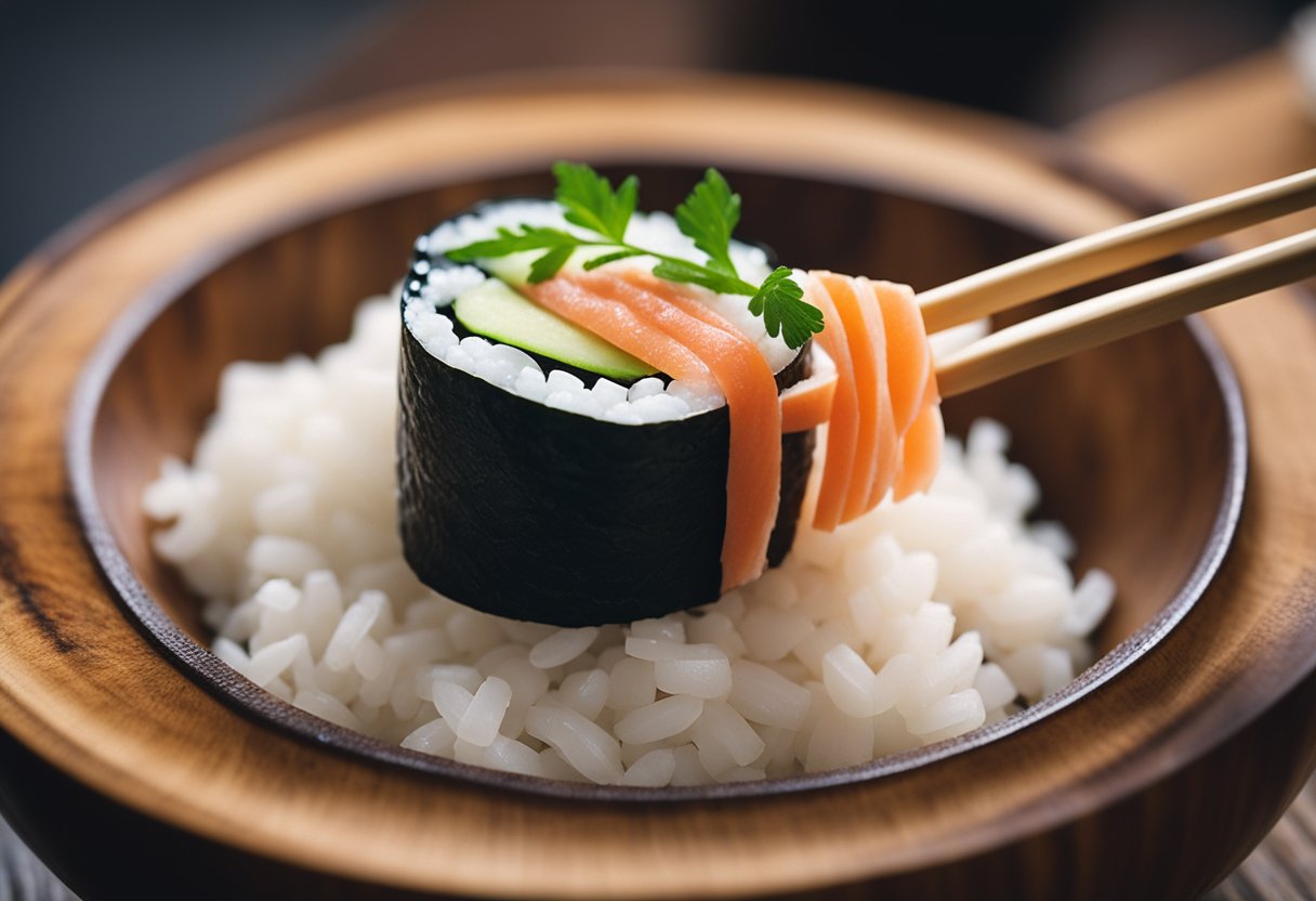 Sushi rice being mixed with crab stick, vinegar, and sugar in a wooden bowl