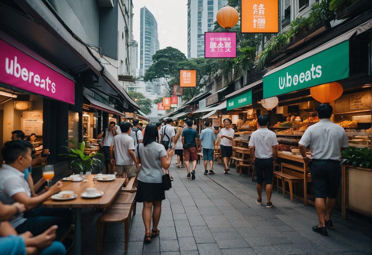 A bustling Singapore street with colorful signs advertising UberEats promotions