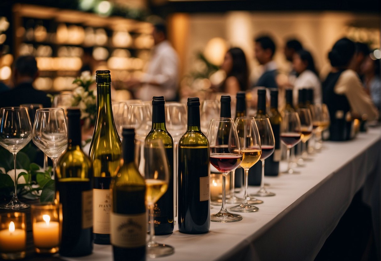 A table adorned with various wine bottles and glasses, surrounded by enthusiastic customers at a bustling wine promotion event in Singapore
