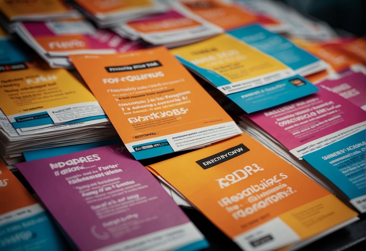 A stack of colorful flyers with "Frequently Asked Questions ndp promo singapore" prominently displayed, surrounded by a crowd of people