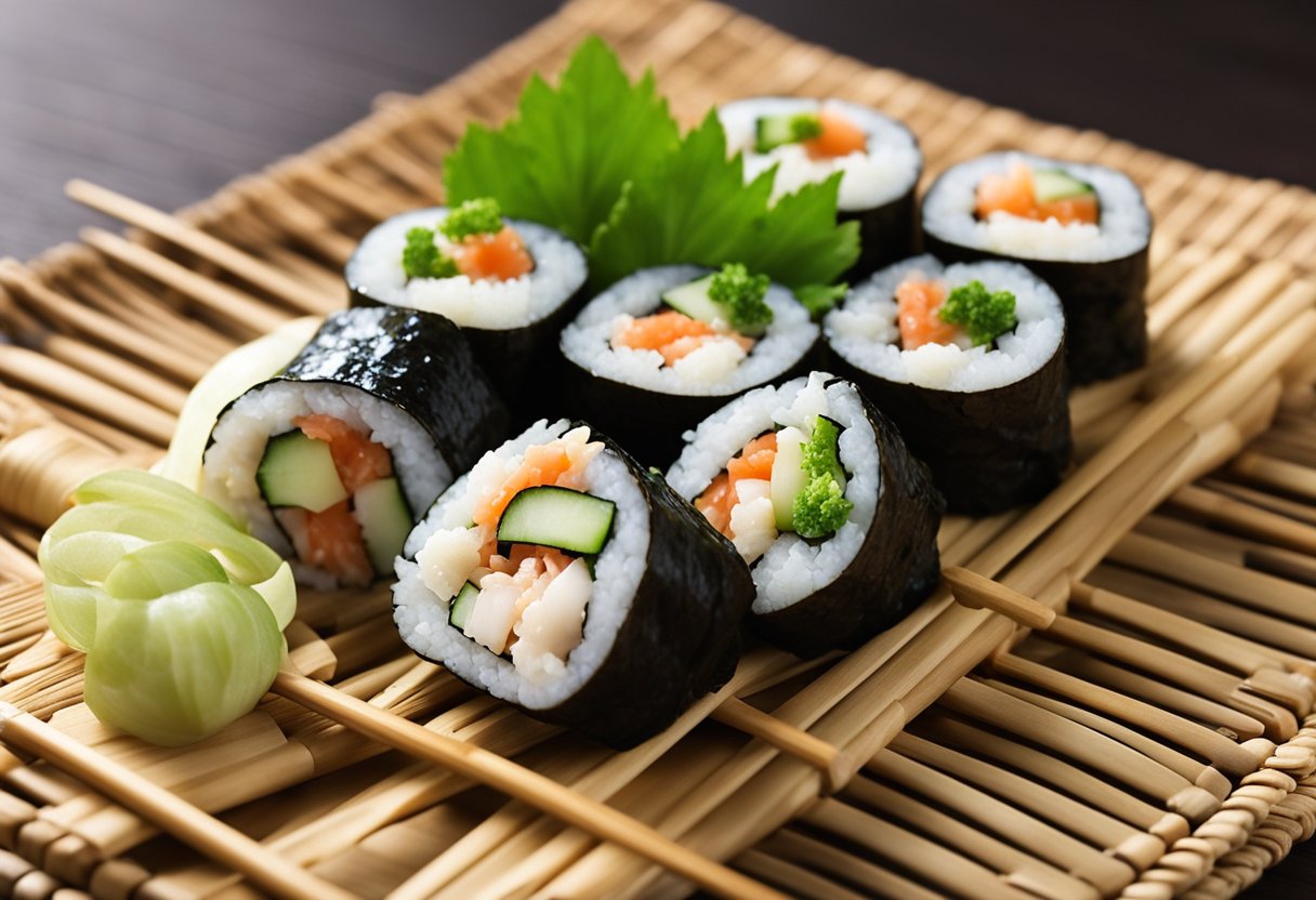 A platter of crab sushi rolls surrounded by wasabi, soy sauce, and pickled ginger on a bamboo mat