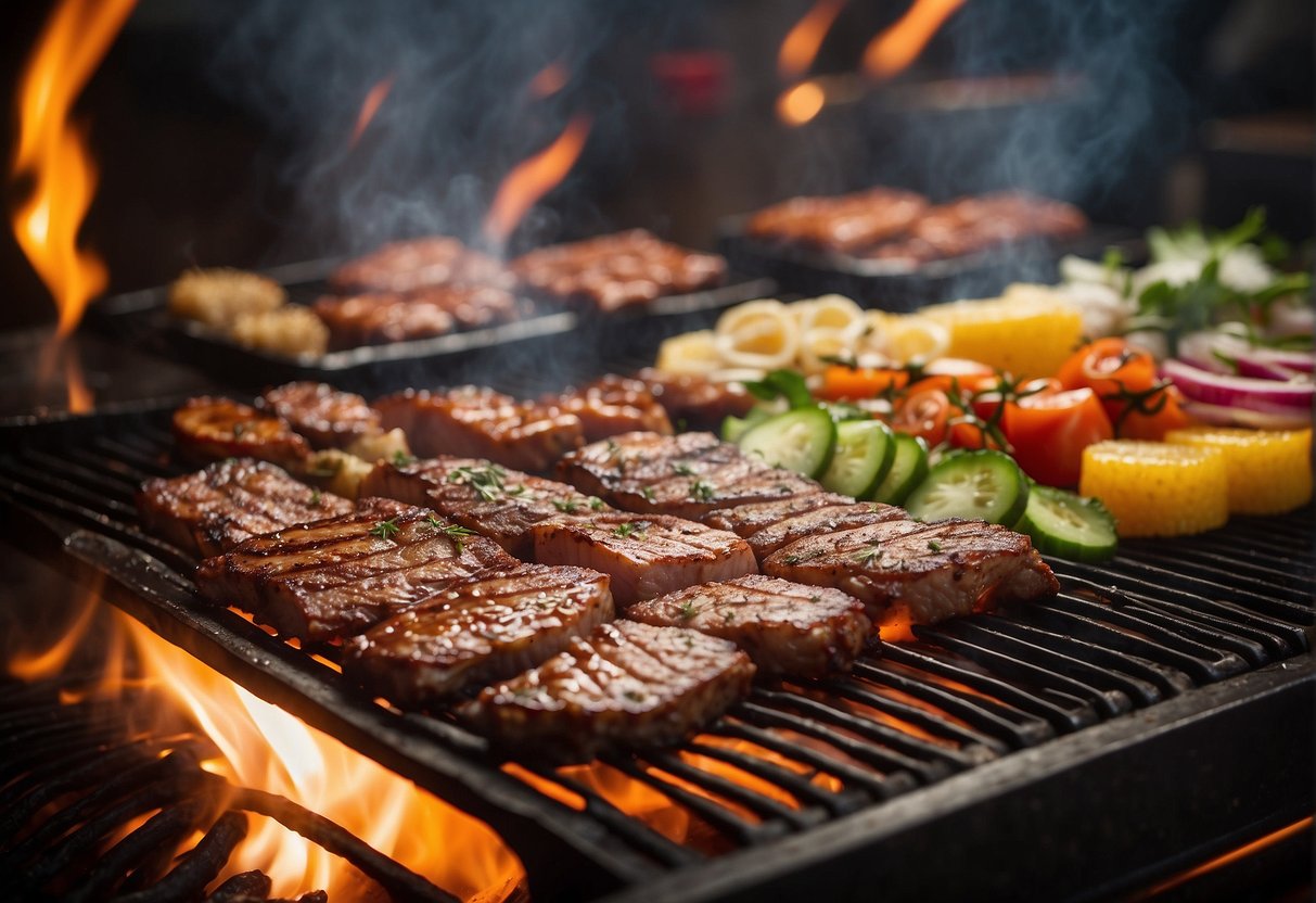 A sizzling grill with various cuts of marinated meat, surrounded by colorful banners advertising yakiniku promotions in Singapore