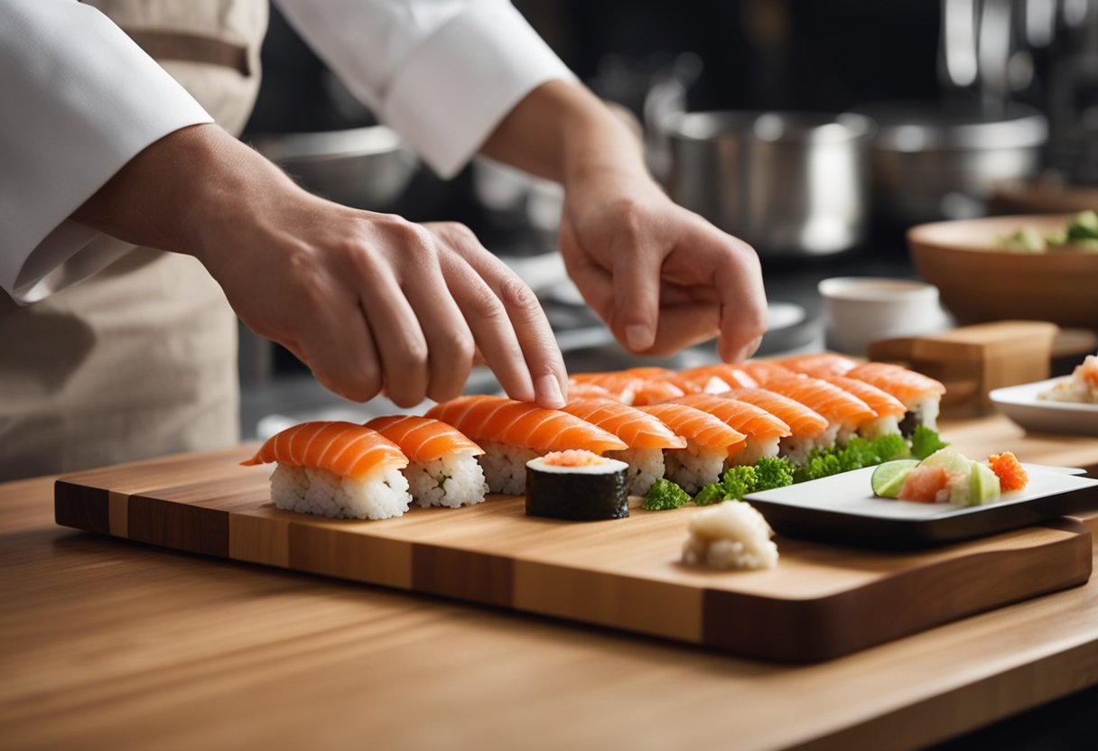 A chef assembles and serves crab sushi on a clean, wooden sushi board with precise and delicate movements