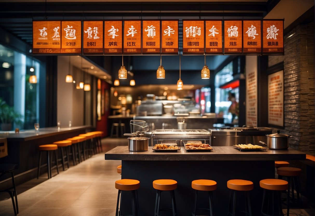 A sizzling yakiniku grill surrounded by vibrant promotional banners and signage, creating an exclusive and enticing atmosphere for 2024 promotions in Singapore