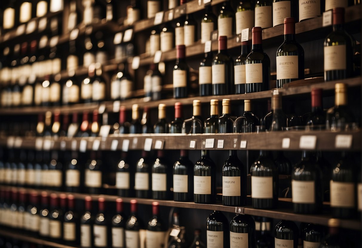 A display of top wines on promotion, with elegant labels and price tags, arranged neatly on a sleek and modern wine rack
