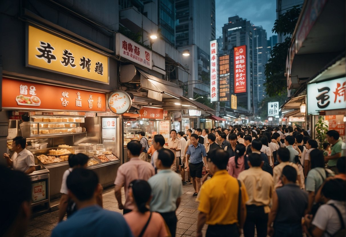 A bustling Singapore street with prominent Yoshinoya signage, surrounded by eager customers and vibrant promotional displays