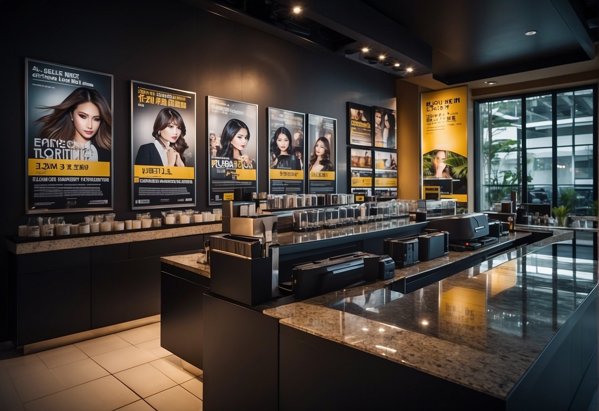 A salon counter displaying promotional posters for volume rebonding in Singapore