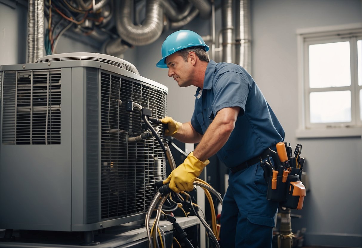 An HVAC system being cleaned and inspected by a technician with tools and equipment, surrounded by a clean and organized work area