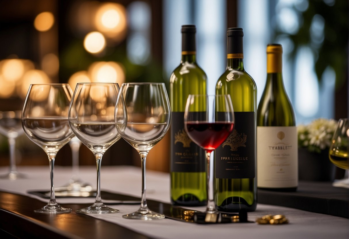 A table adorned with various wine bottles and glasses, surrounded by elegant decor and soft lighting, showcasing exclusive online offers for wine promotions in Singapore