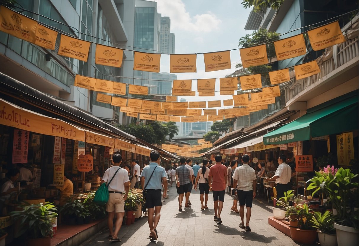 A bustling street in Singapore, with colorful banners and signs for Zoff promotions hanging from the storefronts. The vibrant atmosphere is filled with energy and excitement