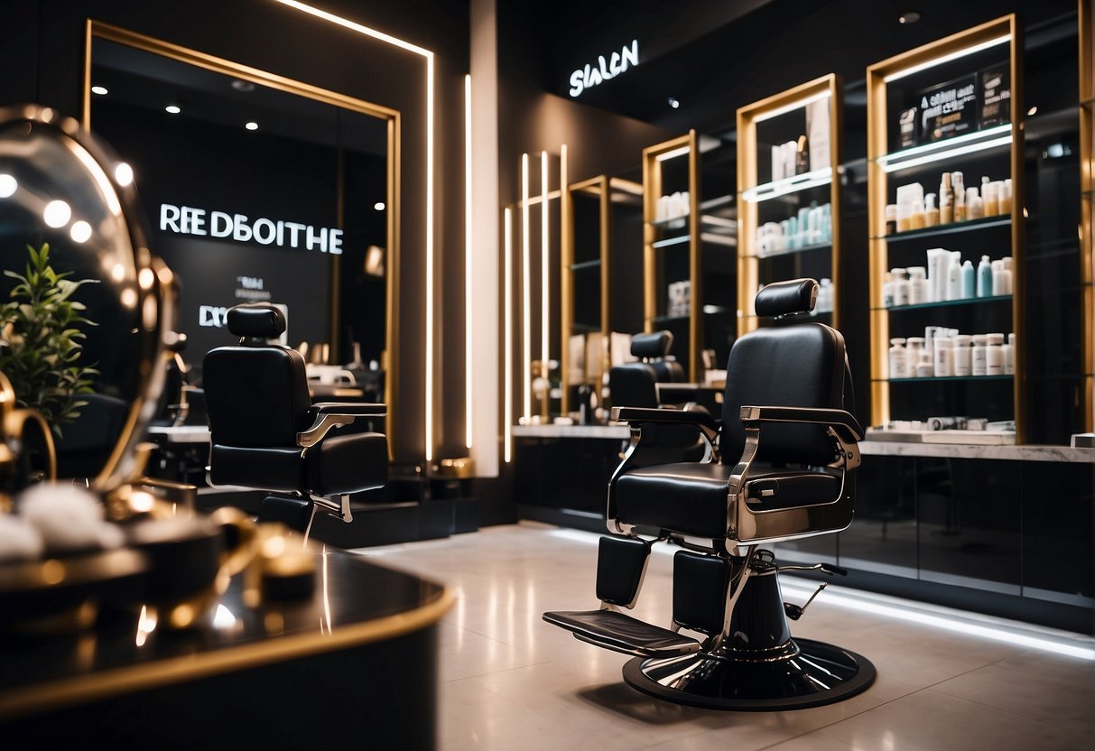 A salon chair with hair products and a promotional sign for volume rebonding in Singapore