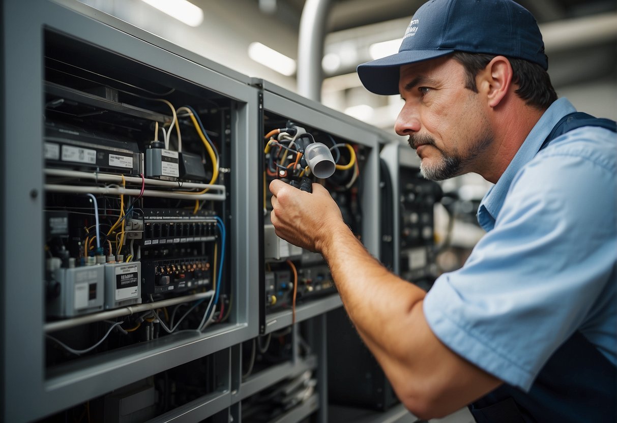 An HVAC technician inspects and services a system, checking filters, ducts, and components for wear and tear. Regular maintenance helps extend the system's lifespan