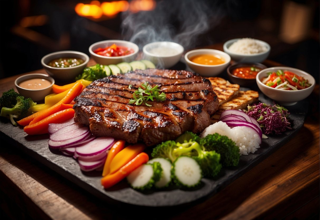 A sizzling grill with various cuts of marinated meat, surrounded by colorful vegetables and dipping sauces, all under a spotlight at Culinary Delights yakiniku promotions in Singapore