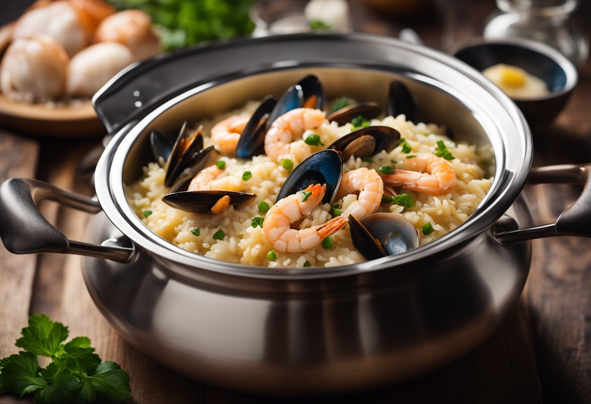 A steaming pot of creamy seafood risotto simmers on a stove, surrounded by ingredients like prawns, mussels, and Arborio rice. A wooden spoon stirs the mixture, releasing a tantalizing aroma