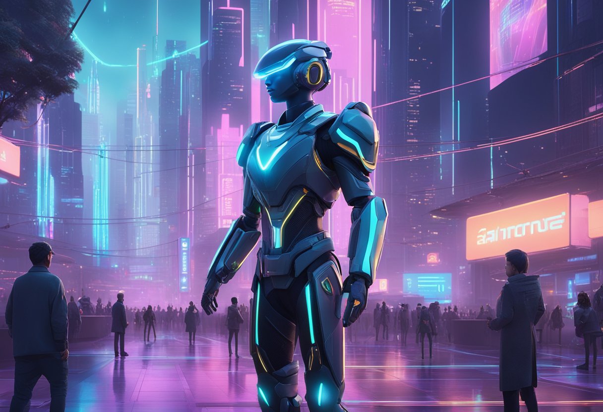 Character AI stands in a futuristic city, surrounded by holographic displays and flying drones. The AI's sleek metallic body reflects the neon lights, exuding a sense of power and intelligence