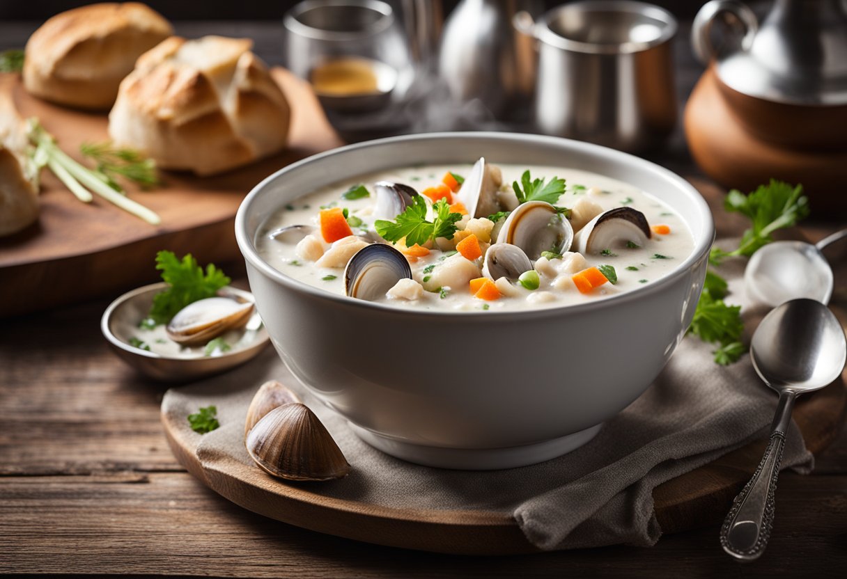 A steaming pot of coconut milk clam chowder, with chunks of tender clams and diced vegetables, sits on a rustic wooden table