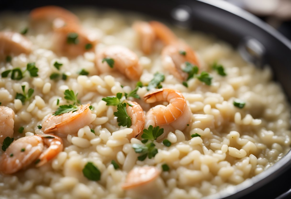 A pot of creamy seafood risotto simmers on the stove, steam rising as the chef stirs in the rich, savory flavors of seafood, Arborio rice, and creamy sauce