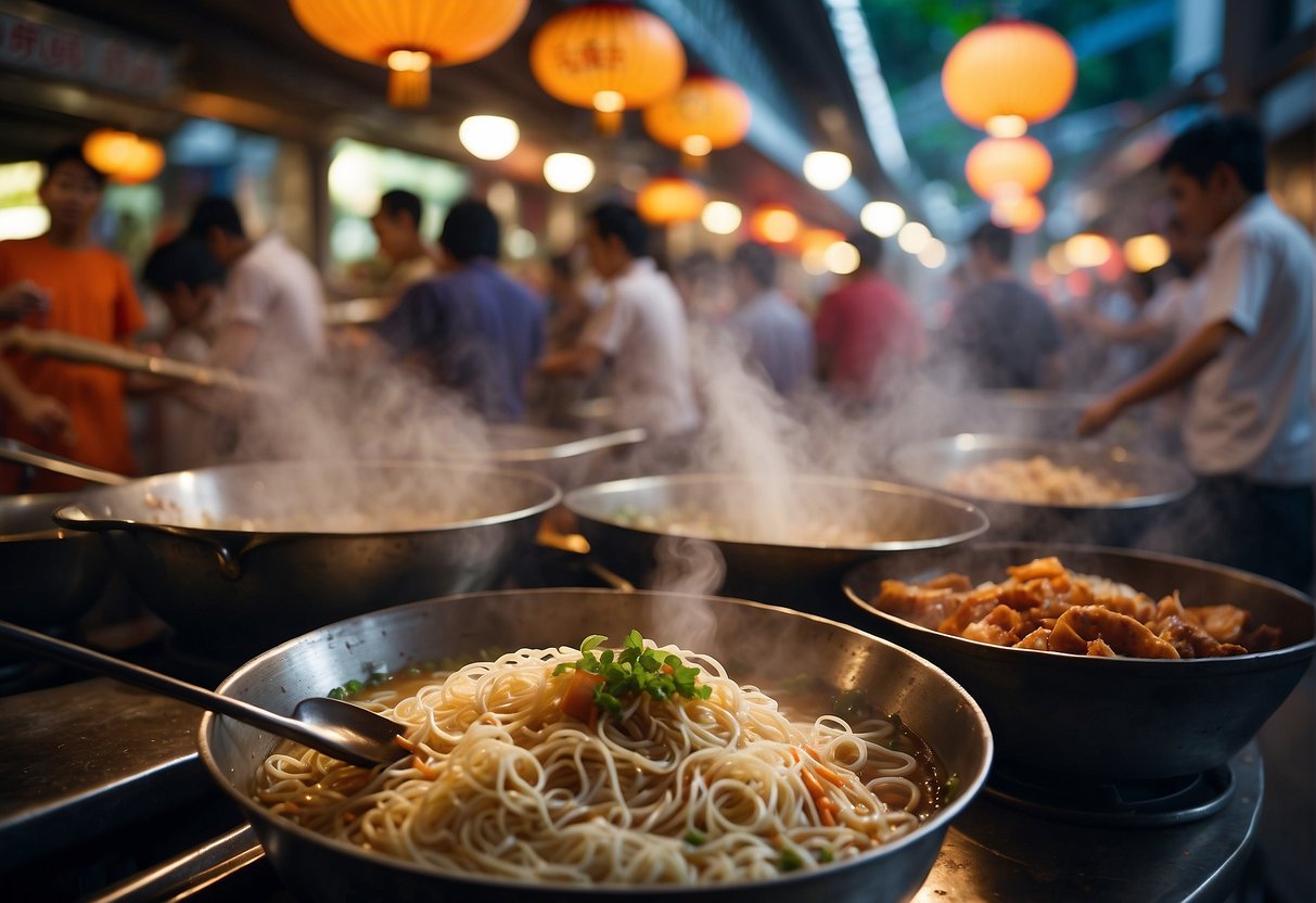 A bustling hawker center with steaming bowls of noodles, sizzling woks, and colorful banners advertising Yoshinoya promotions in Singapore