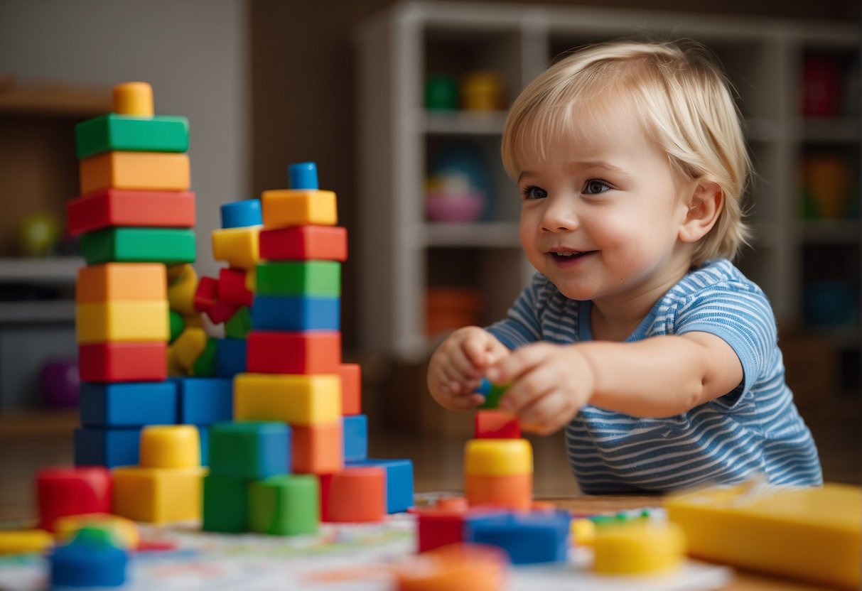 A 28-month-old child playing with toys, stacking blocks, and scribbling with crayons on paper. A parent watches nearby, smiling