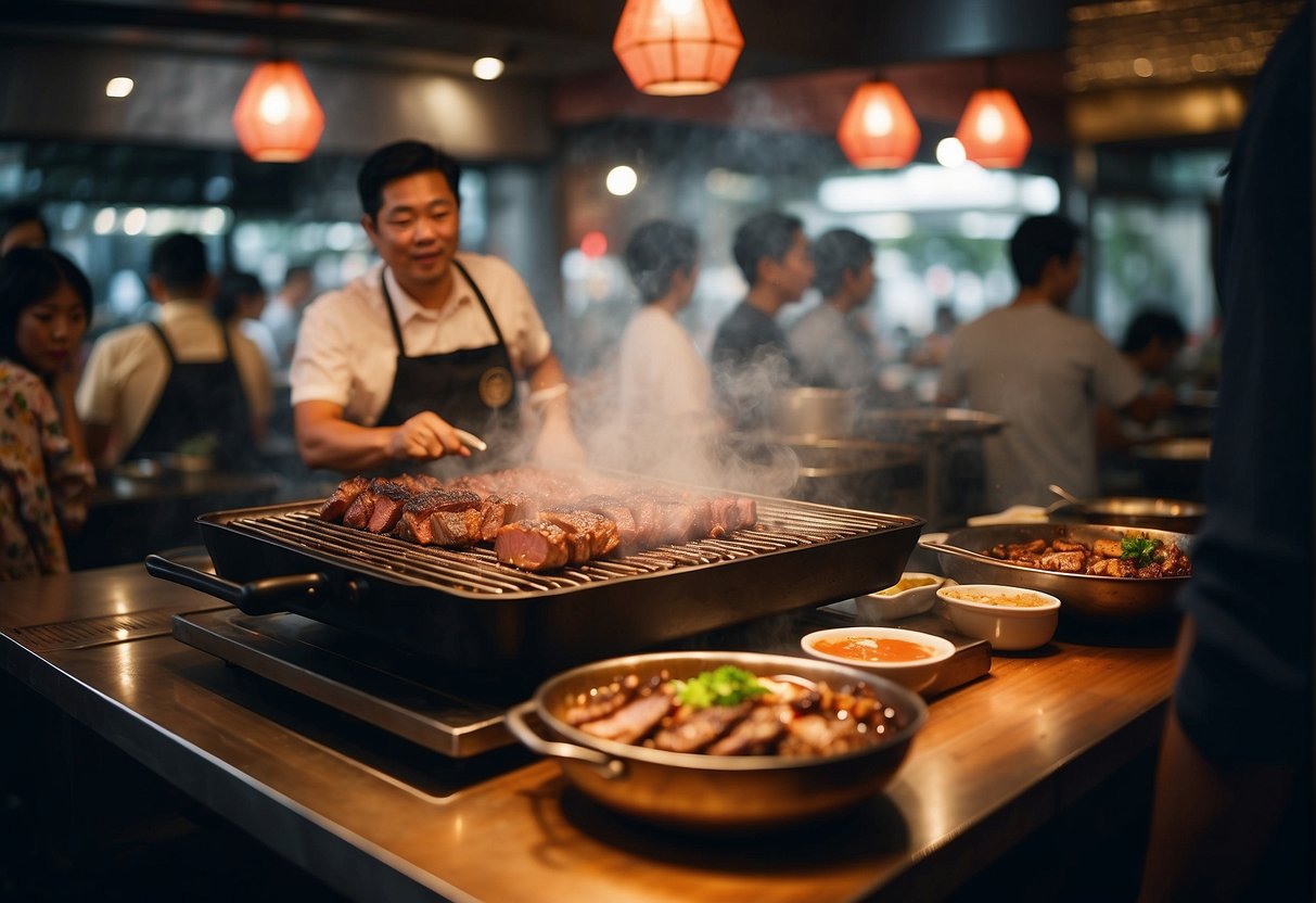 A sizzling yakiniku grill surrounded by eager customers in a bustling Singapore restaurant