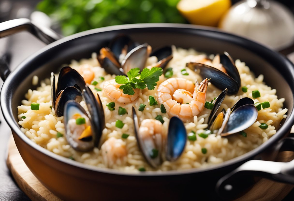 A pot of creamy seafood risotto simmers on the stove, steam rising. Ingredients like prawns, mussels, and Arborio rice are visible