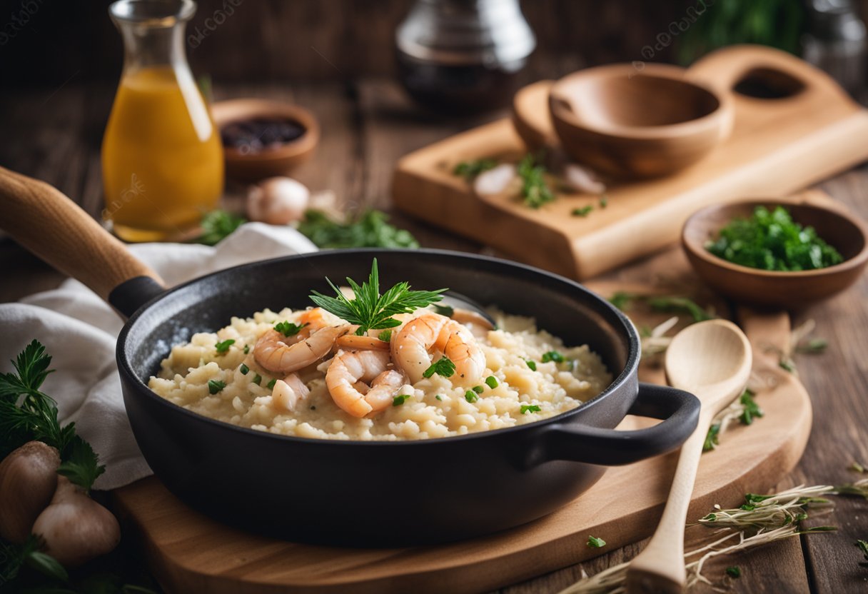 A steaming pot of creamy seafood risotto simmering on a stovetop, surrounded by scattered ingredients and a wooden spoon