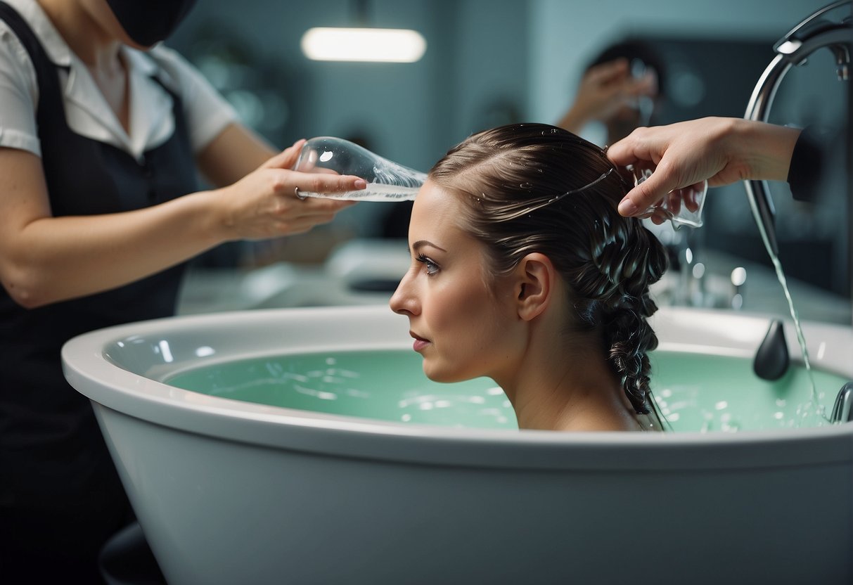 A woman's hair being gently washed and conditioned in a salon sink, with a stylist applying post-treatment products