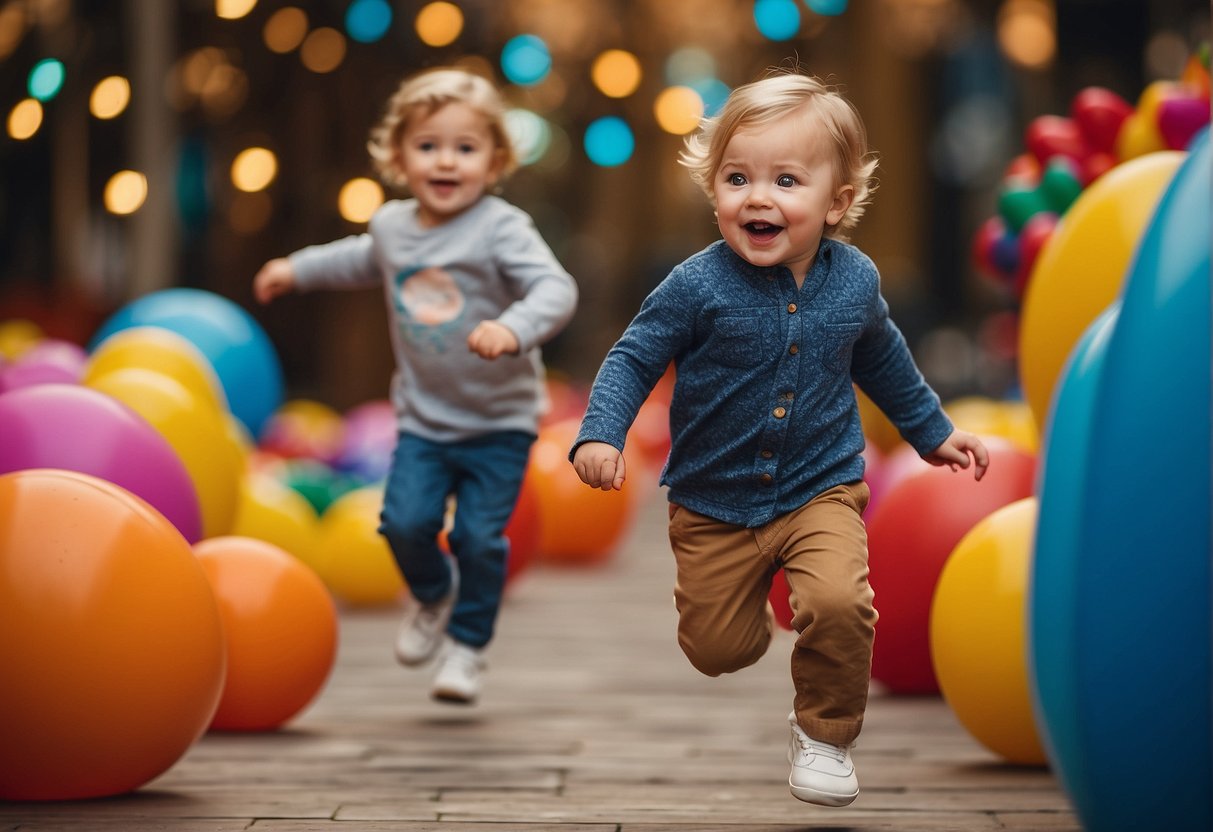 A 28-month-old child running, jumping, and playing with toys in a colorful, child-friendly environment