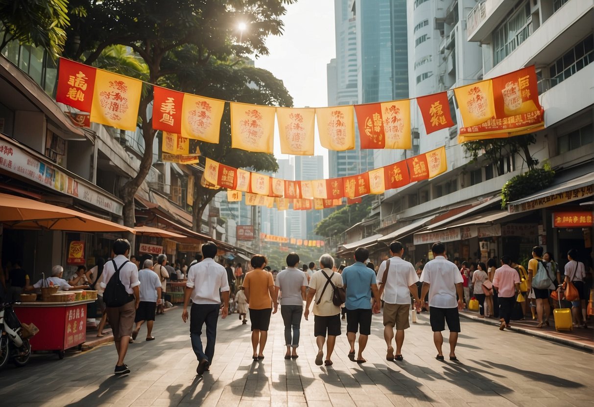 A bustling street in Singapore, with colorful banners advertising China travel promotions and Yoshinoya promotions. People walk by, taking in the vibrant atmosphere