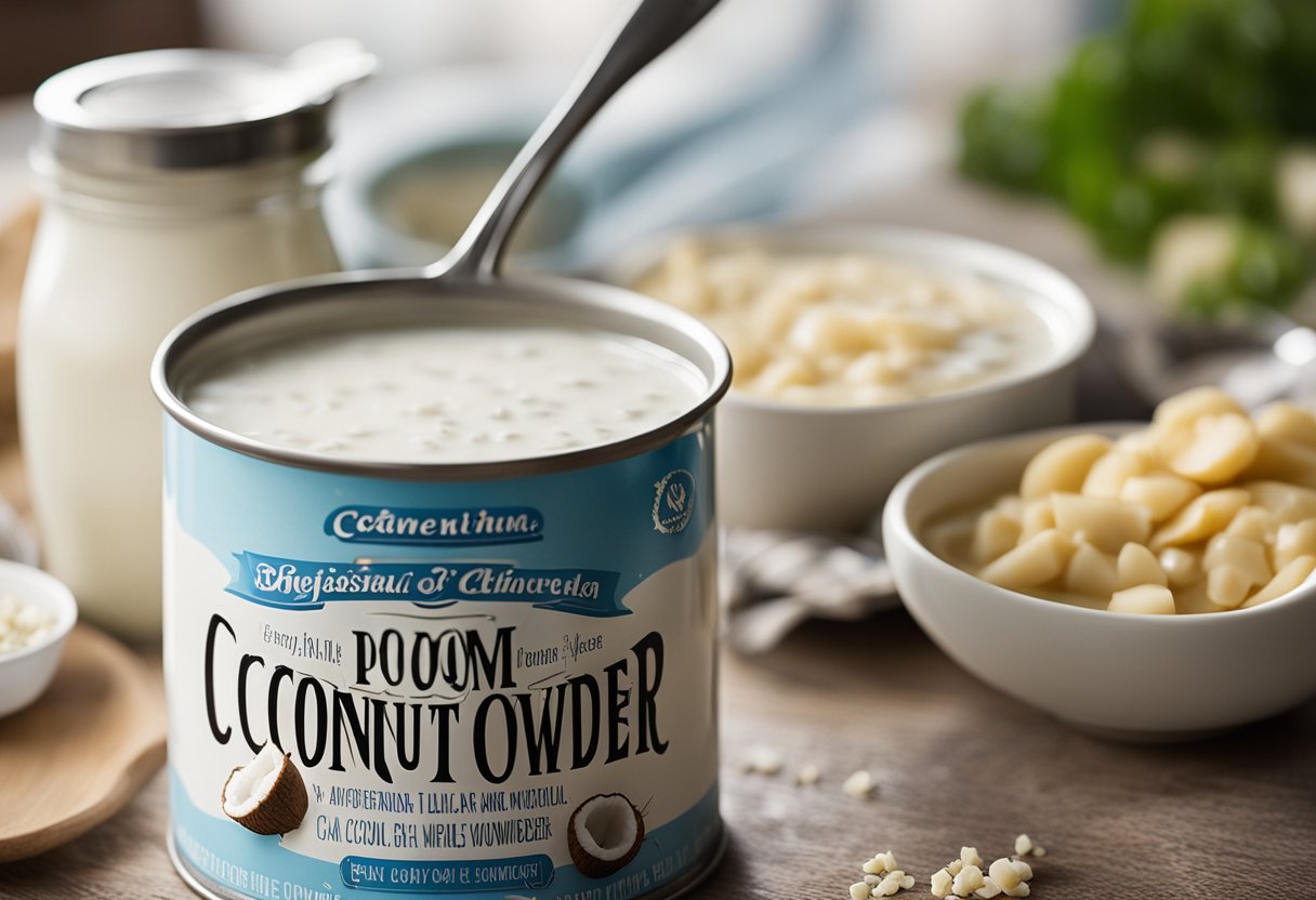 A can of coconut milk sits next to a pot of clam chowder, ready to be used as a dairy-free substitution