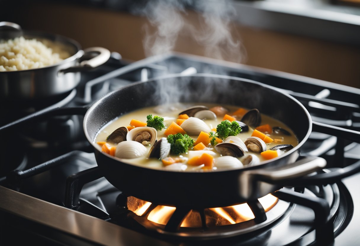 A pot simmers on a stove, filled with coconut milk, clams, and vegetables. Steam rises as the chowder cooks, creating a warm and inviting scene
