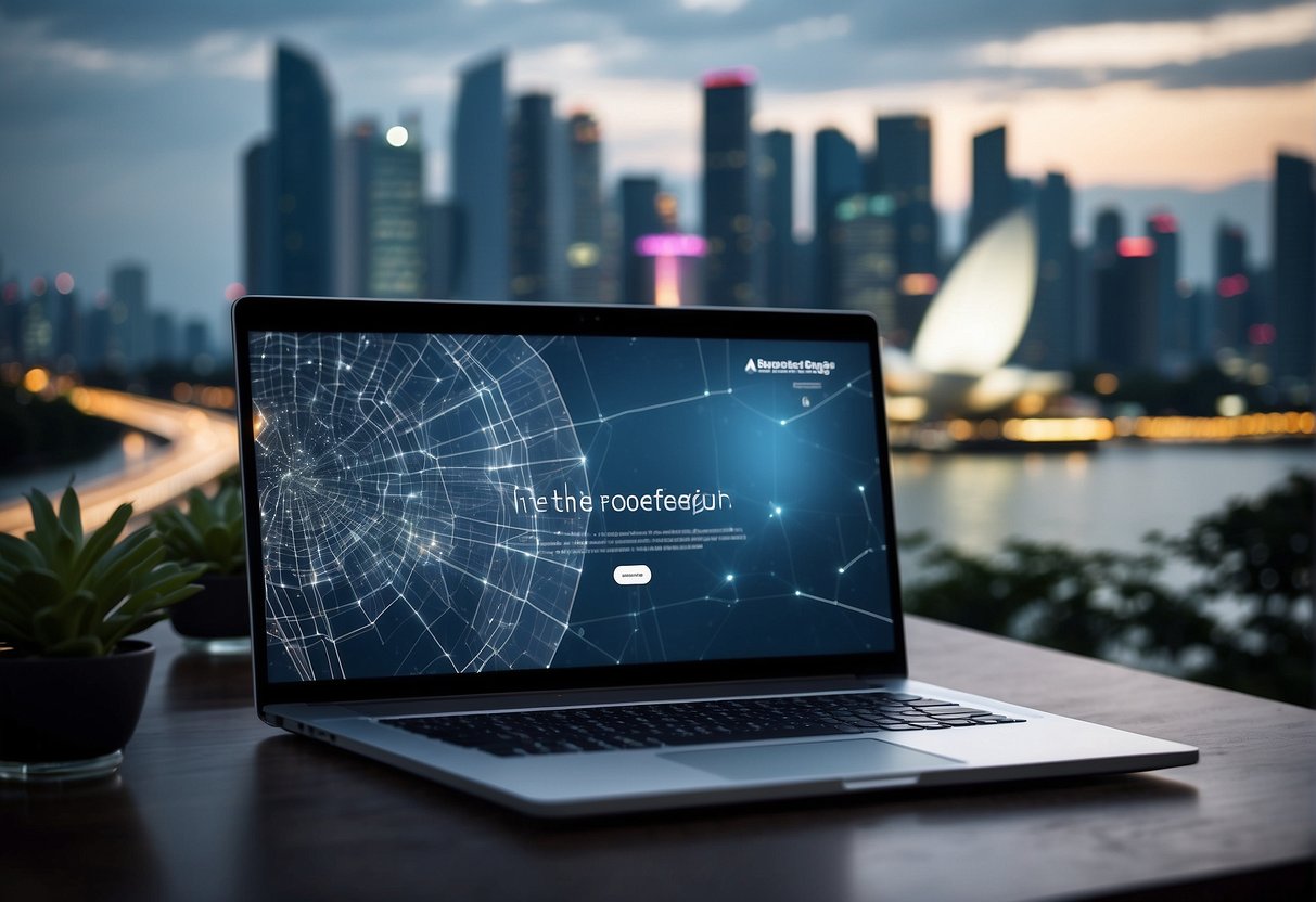 A laptop displaying a sleek and modern web design with promotional banners, set against the backdrop of the Singapore skyline