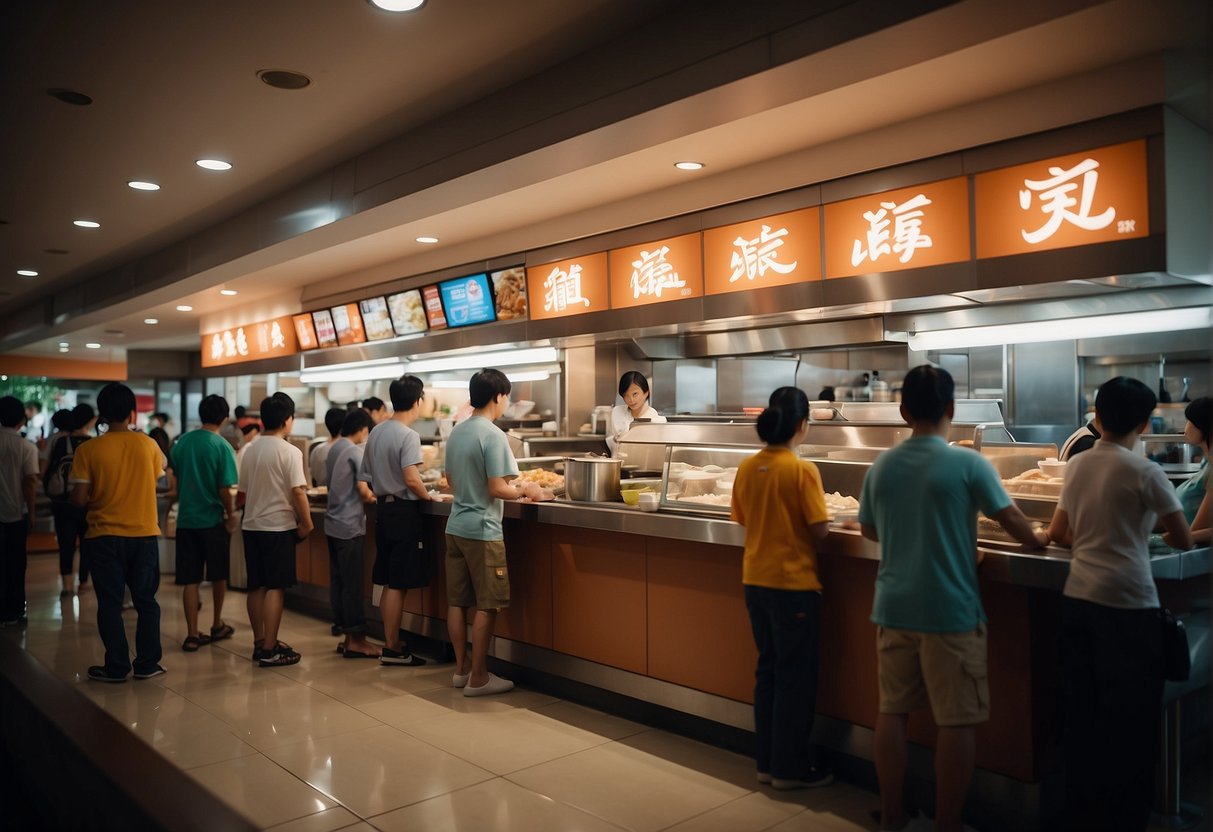 A bustling Yoshinoya restaurant in Singapore, with colorful promotional materials displayed prominently. Customers line up at the counter, while staff prepare delicious meals in the open kitchen