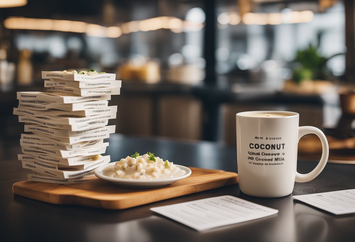 A steaming pot of coconut milk clam chowder surrounded by a stack of frequently asked questions cards