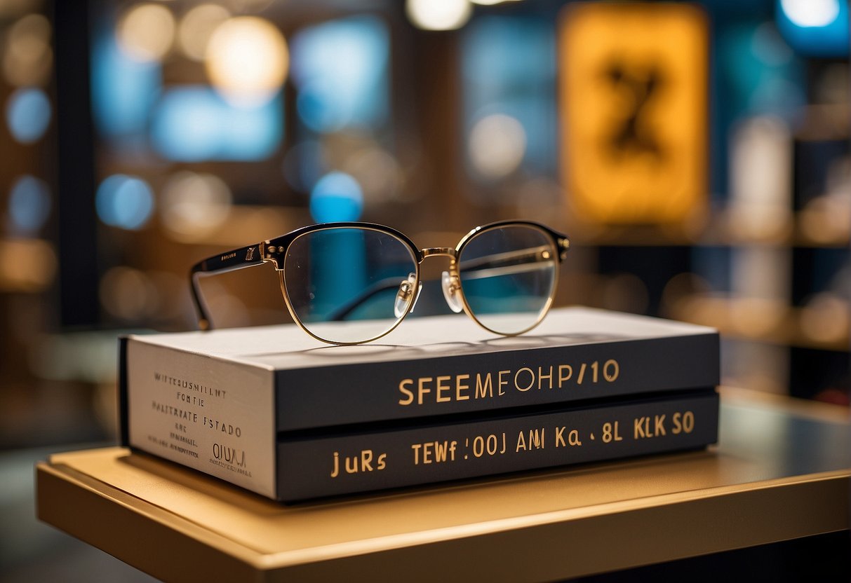 A pair of stylish eyeglasses sits on a vibrant display shelf, surrounded by promotional signs and banners. The logo of the store, Zoff, is prominently featured