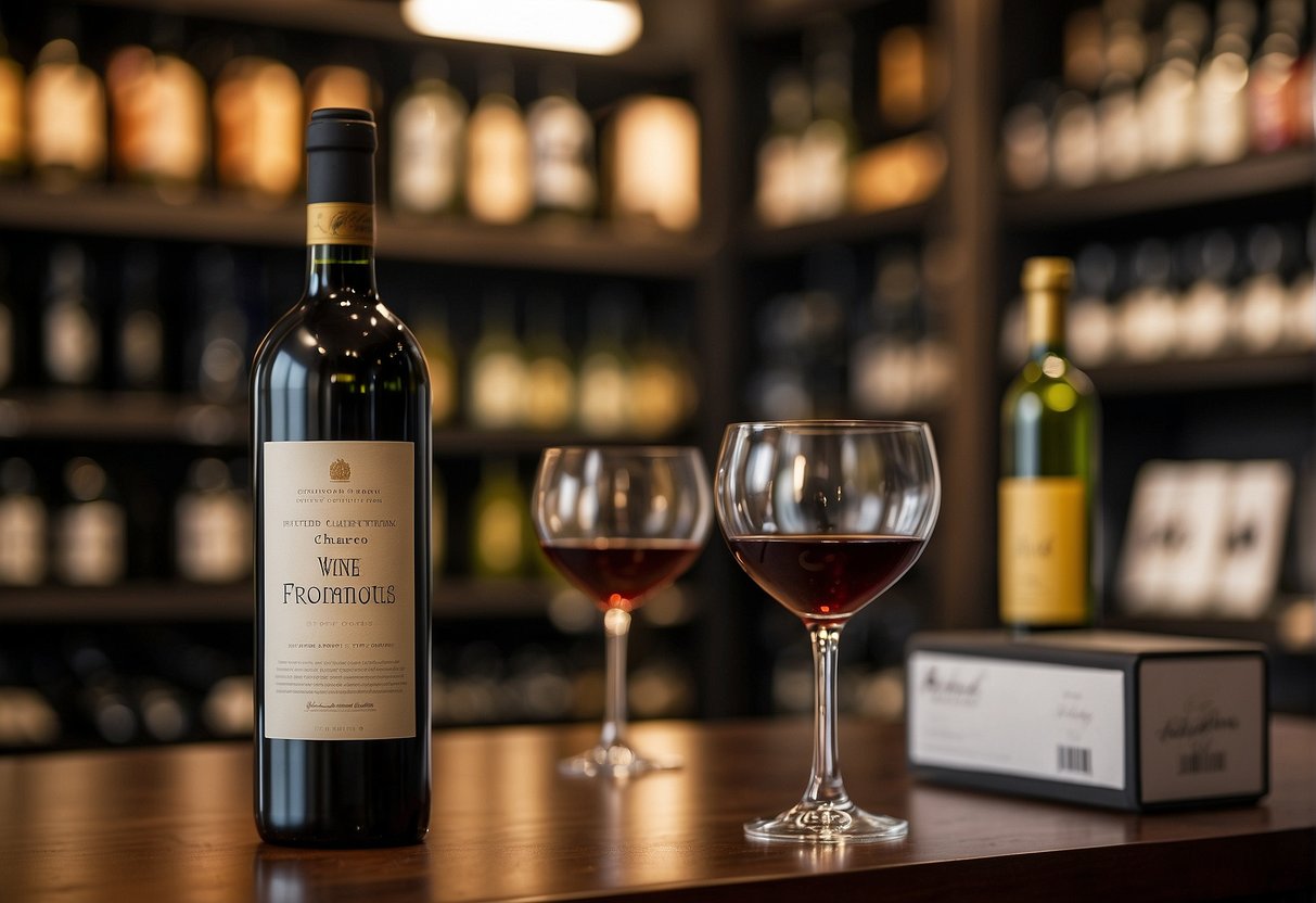 A wine bottle surrounded by promotional materials, with a "Frequently Asked Questions" banner in the background, set in a lively Singaporean wine shop