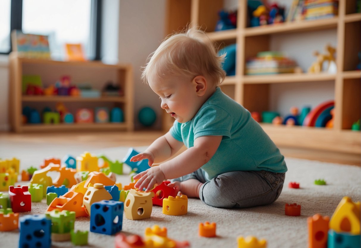 A 28-month-old child engages in cognitive enrichment activities, surrounded by colorful toys, books, and puzzles in a bright, spacious room