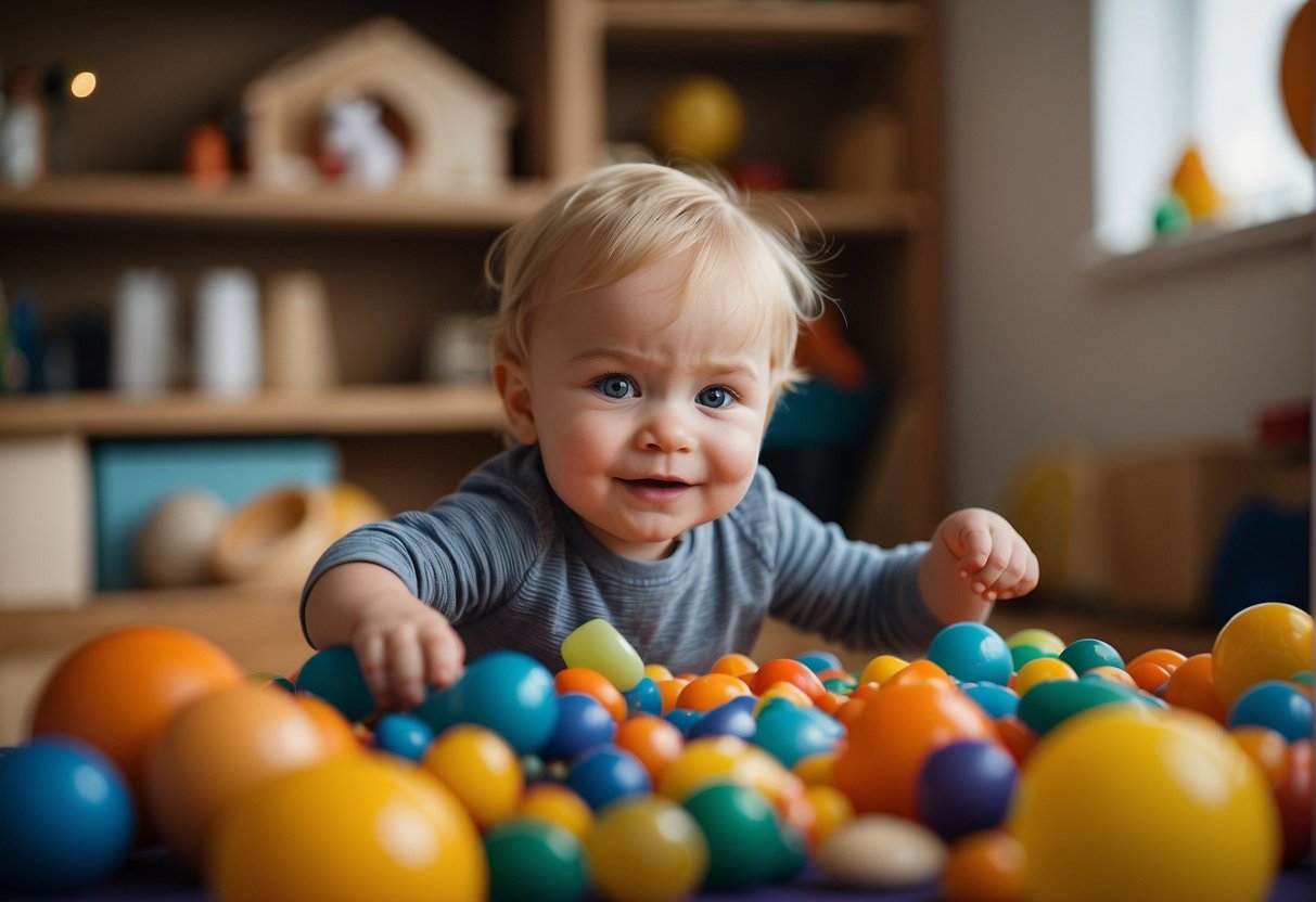 A 28-month-old child engages in sensory activities, exploring textures, colors, and sounds through play with various objects and materials