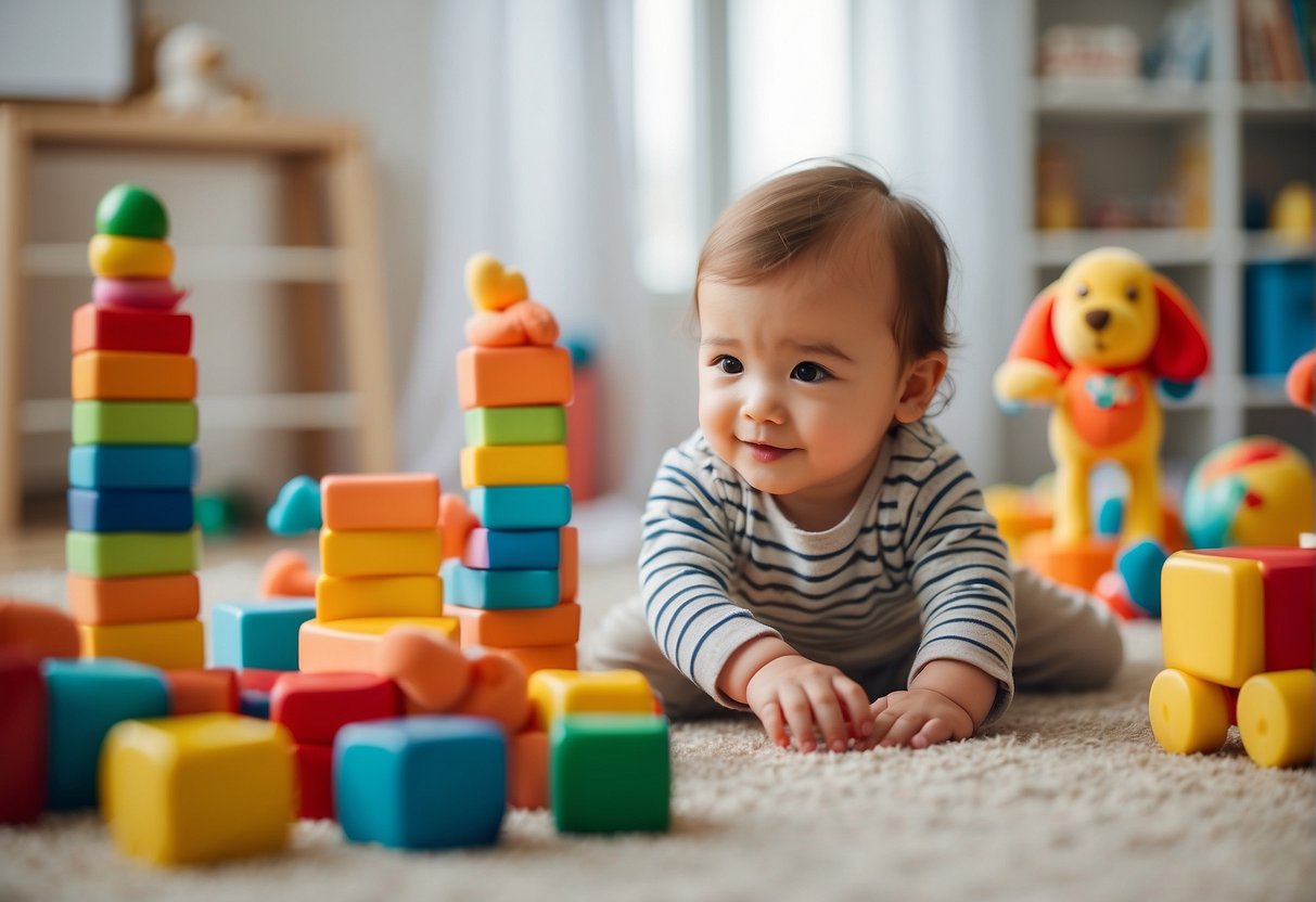 A toddler playing with colorful blocks and stacking toys, surrounded by books and soft toys in a bright, cheerful room