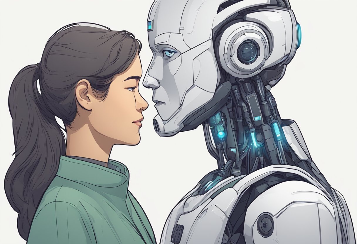 An AI character interacts with a human, displaying emotion and understanding